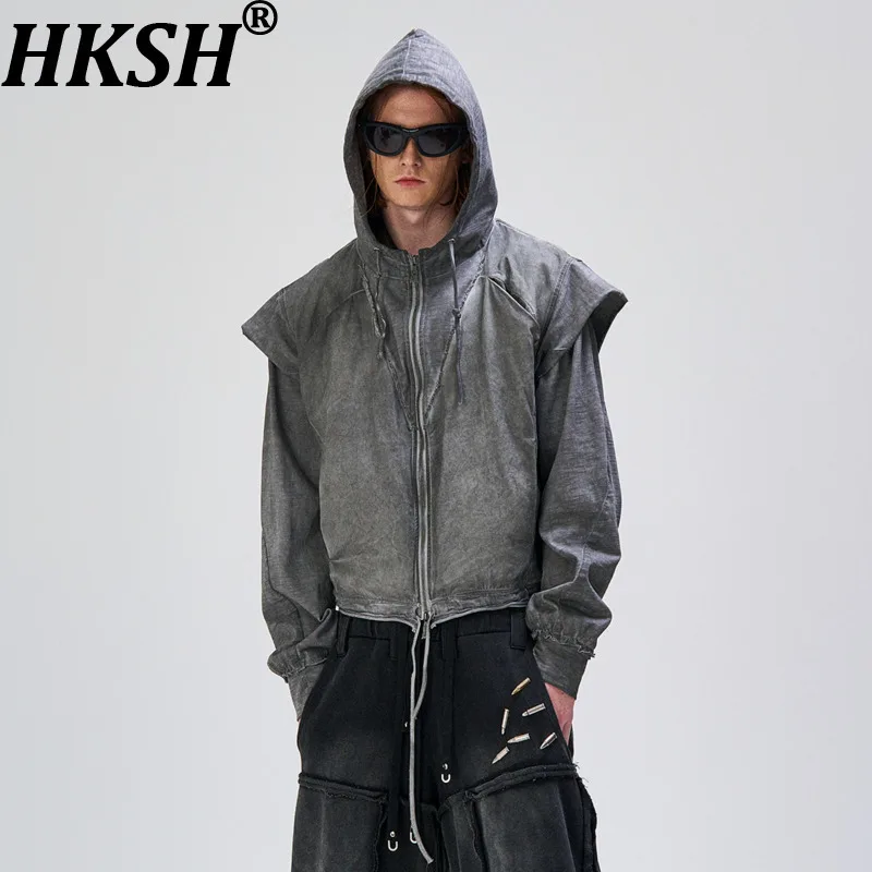Hksh outono inverno novo homem maré resíduos terra design retro falso casaco de duas peças com cordão moletom com capuz chique ins jaqueta hk11299