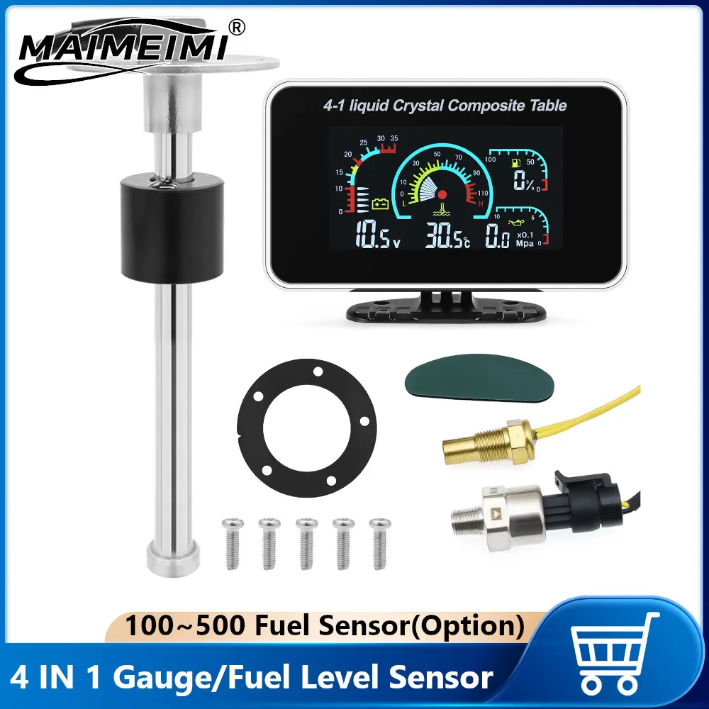 

Digital 4 in 1 Fuel Level Gauge + Fuel Level Sensor 100~500mm 0-190 ohm Water Temp Oil Pressure Gauge Voltmeter For Car Truck