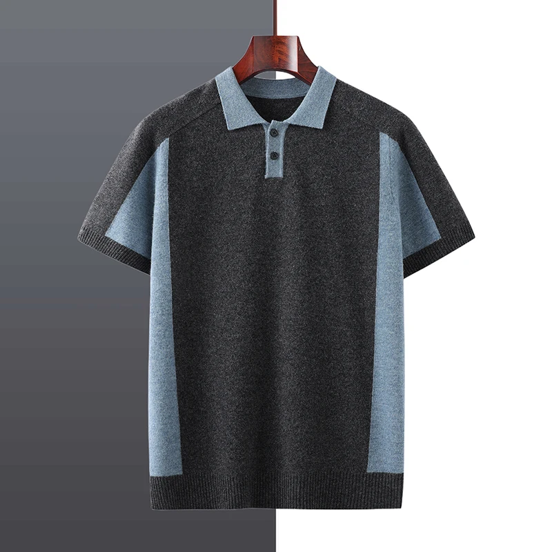 MVLYFLRT Men's 100% Merino Wool Polo Shirt Short Sleeve Color Block Casual Pullover Y2K Fashion Spring/Summer 2026 T-shirt