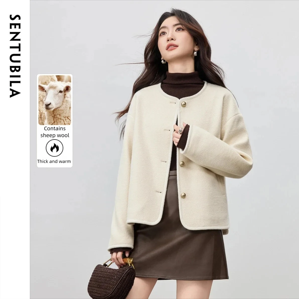 

SNETUBILA Women's Woolen Coat Solid O-neck Double-sided Wool Jackets 2025 Winter Casual Fashion Pocket Loose Outerwear 154D80380