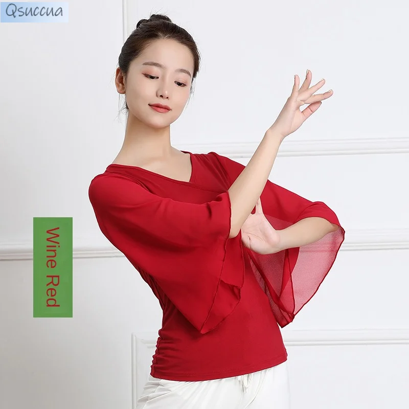 New Modal Classical Dance Dance Clothes Chiffon Flared Gauze Sleeves Square Dance Dance Tops V-Neck Costumes