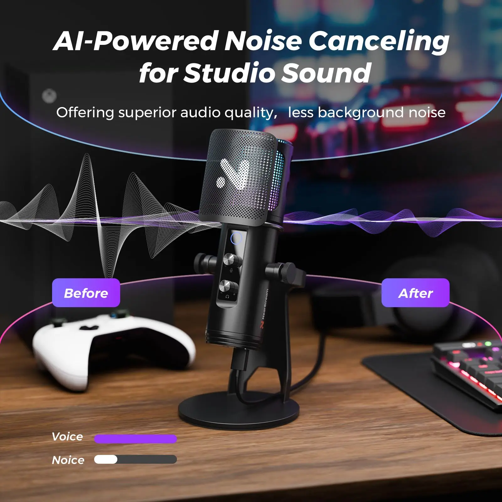 NearStream USB/XLR Condenser Gaming Microphone with 8 RGB Modes Lighting, Noise Cancelling Desktop for Streaming on PC/PS5/Mac