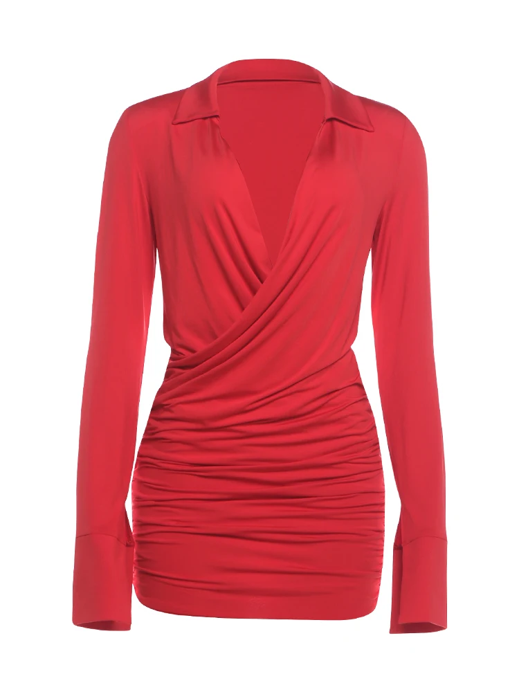 Weird Puss Sexy Minikleid mit tiefem V-Ausschnitt für Damen, Herbsttrend, lange Ärmel, tailliert, figurbetont, Pfirsichfarben, High Street Fashion, Bodycon – Detail 2
