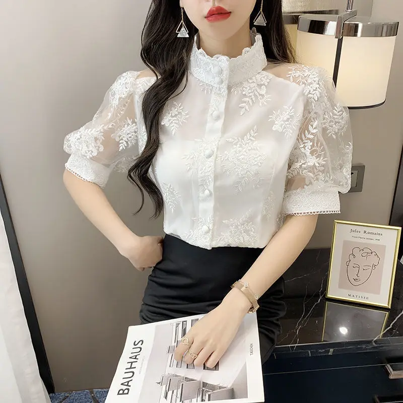 French Floral Pattern Embroidered Jacquard Chiffon Shirt High-quality Upright Collar Bubble Sleeve Hollow Out Lady Clothing Lace