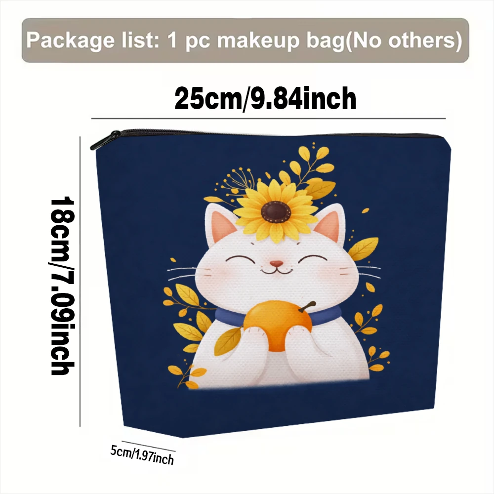 Cute Cat With Sunflower And Orange Makeup Bags for Girls Cosmetic Pouch Toiletry Bag Pencil Case Travel Storage