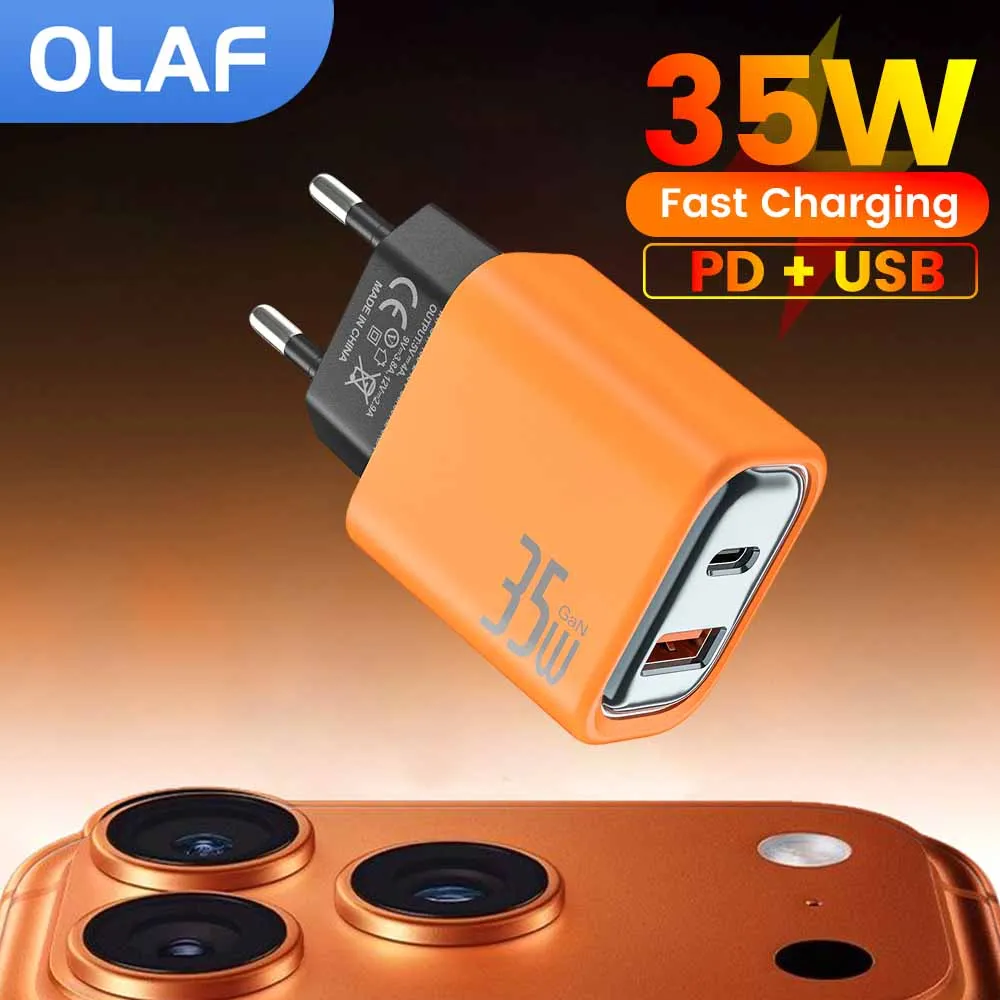 35W USB C Fast Charger Type C PD20W Wall Charger Adapter Orange QC3.0 Fast Charging Power Adapter For iPhone 17 Samsung Xiaomi