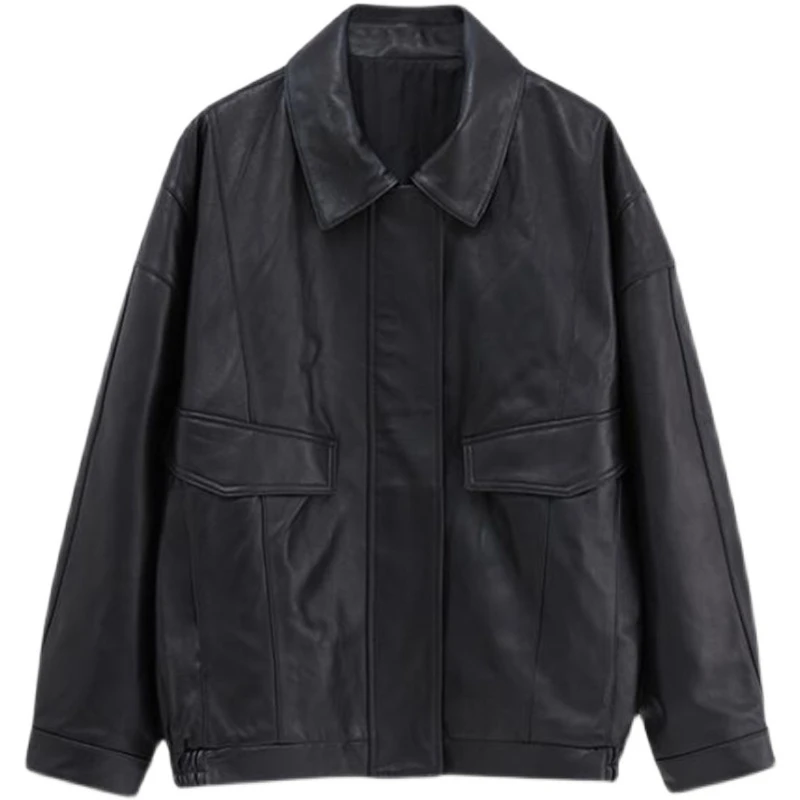 Autumn Winter Fleece Lined Zipper Biker Jacket Women's Loose Silhouette Cool Trendy Black Casual Retro Hong Kong Style Leathe...