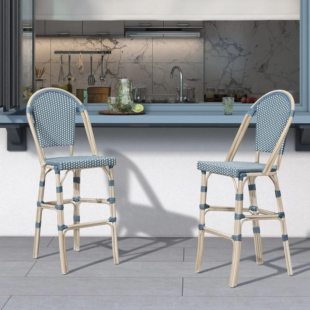 

French Bar Stool Set of 2 Print Finish Patio Bar Stools with Back Rattan Chairs Wicker Bar Height Stool 30" with Footrest