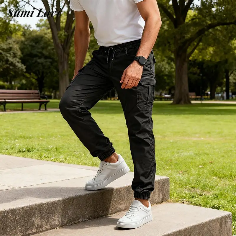 

Spring Fall Fashionable Men's Cargo Pants Vintage Multi Pockets Drawstring Slim Multi Pockets Pants Men Solid Color Casual Pants