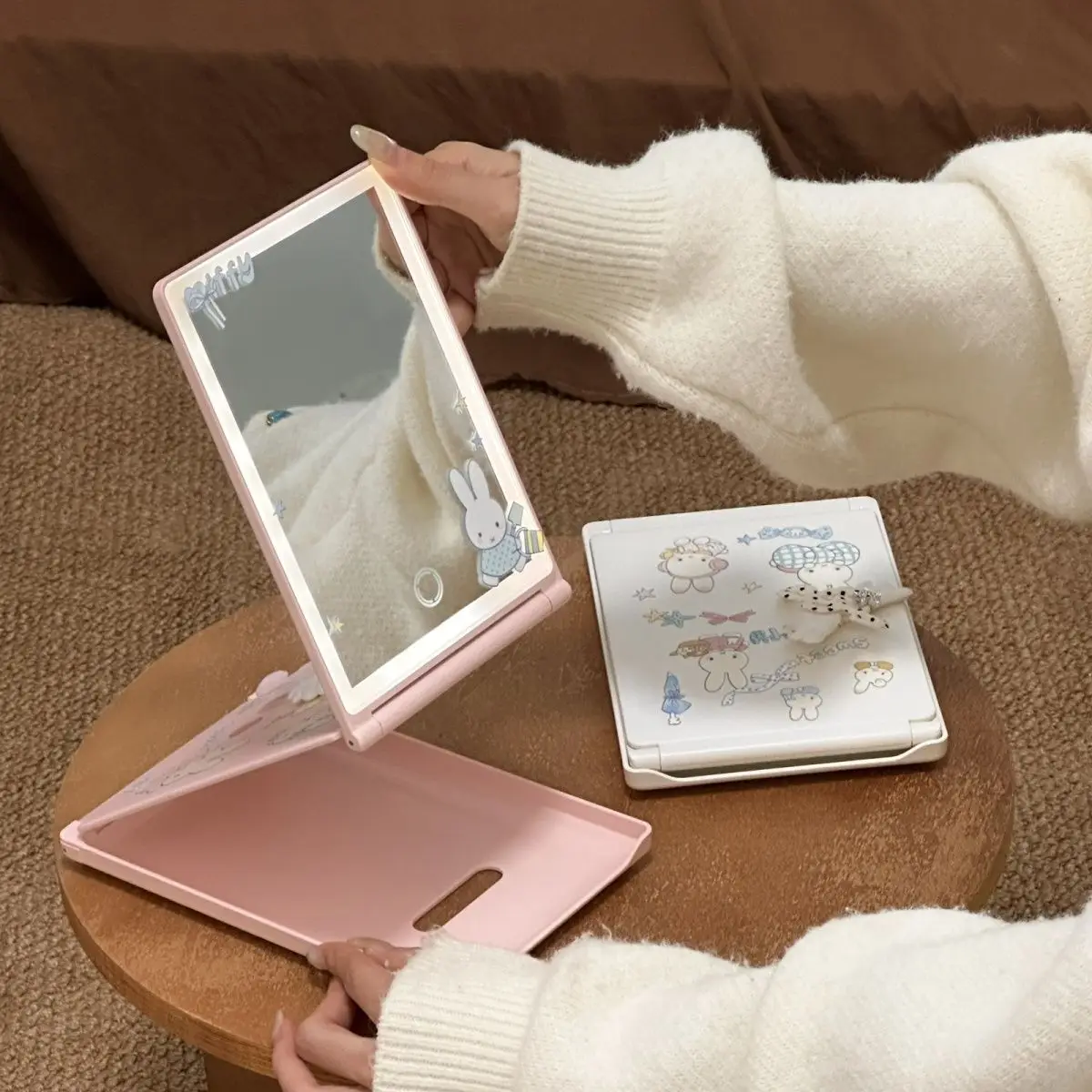Kawaii Miffy Led Makeup Mirror Foldable Desktop Vanity Mirror High Aesthetic Gift for Best Friend Birthday Present Cartoon