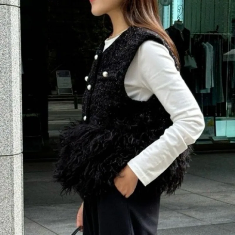 OCEANLOVE Tweed Faux Fur Patchwork Jackets Women Japanese Style Solid Elegant Short Vests Fashion Vintage Chaquetas Mujer