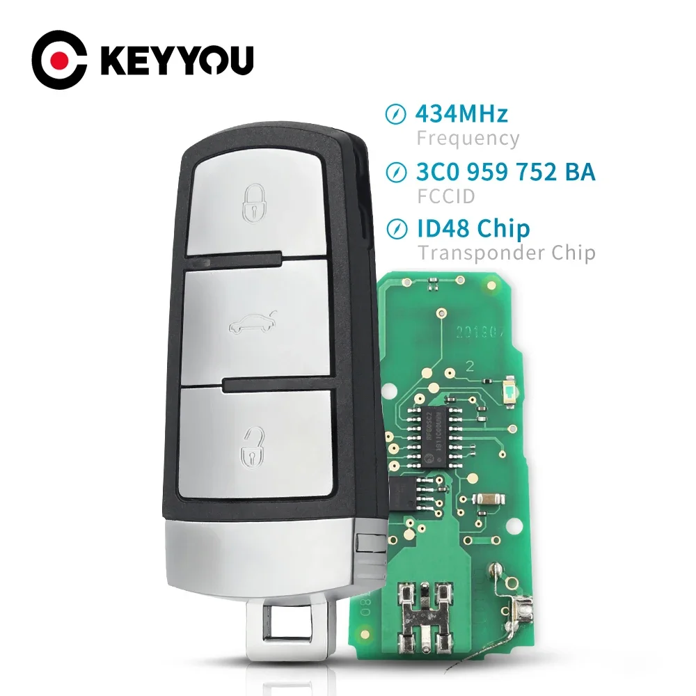 

KEYYOU 3PCS 3 Buttons Flip Smart Car Remote Key Fob 433Mhz ID48 Chip 3C0959752BA for VW VolksWagen Passat B6 3C B7 Magotan CC