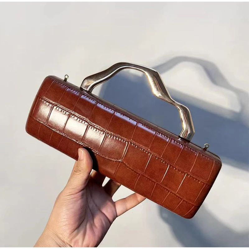 

Luxury Long Clutch Bag Exquisite Texture Leather Evening Bag Women Chain Crossbody Bag Elegant Metal Handle Box Shaped Wallet