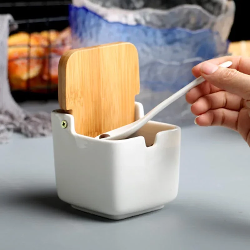 Bamboo Ceramic Flip Seasoning Jar with Spoon Spice Salt Pepper Cinnamon Powder Box Bottle Pot Kitchen Flavour Container Tools