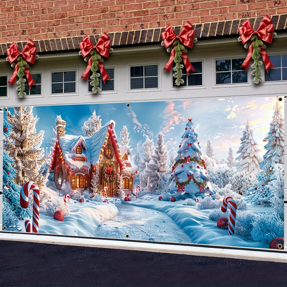 قطعة واحدة، لافتة جراج عيد الميلاد، بوليستر متين، تصميم بيت الثلج وشجرة عيد الميلاد، ديكور فني جداري منزلي احتفالي