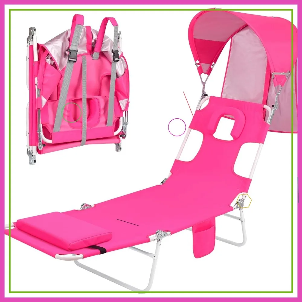 Tumbona portátil con toldo, orificio para la cara y correas para mochila para playa, piscina, camping - UPF 50+, rosa
