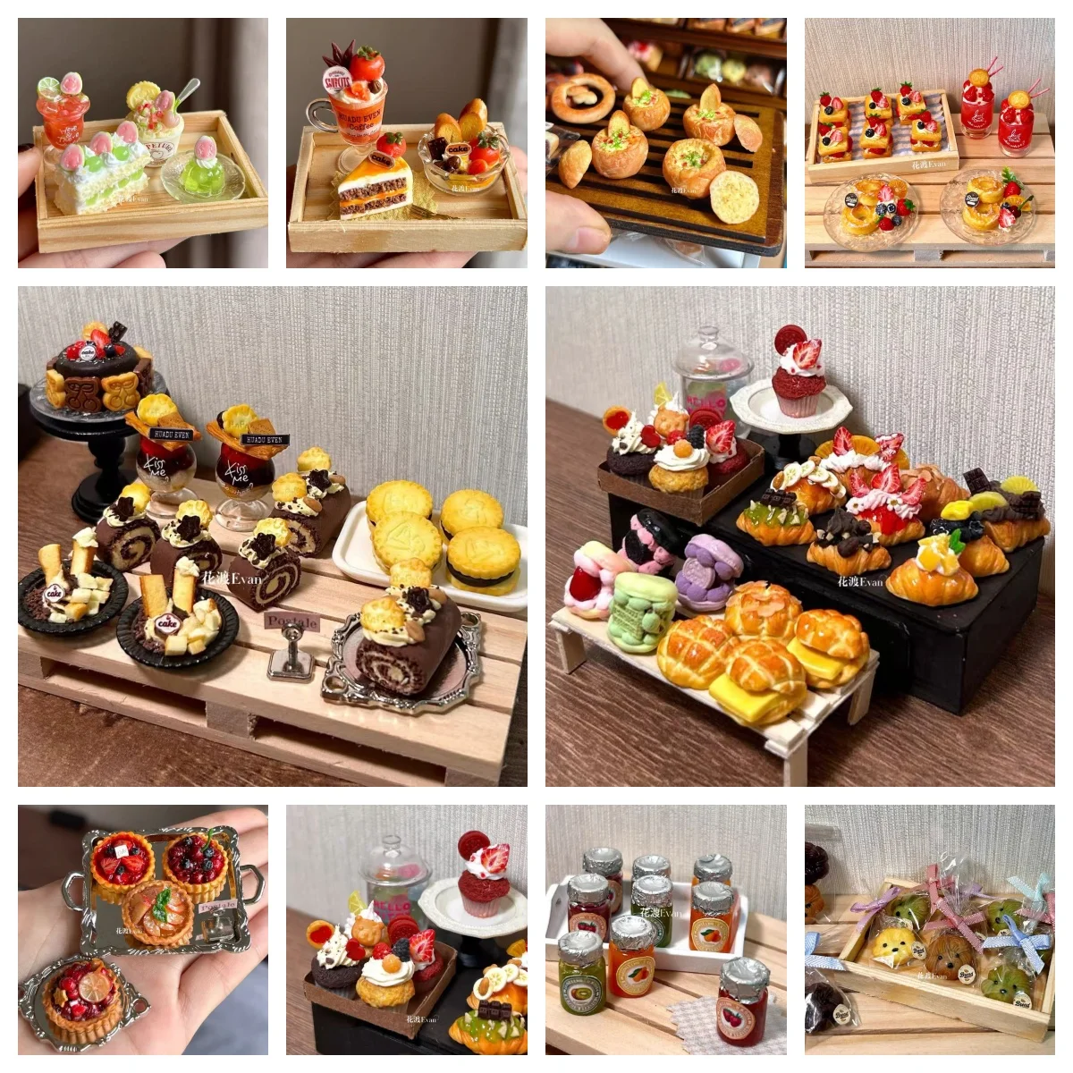 Set de Postres en Miniatura para Casa de Muñecas, Modelos de Arcilla de Pastel de Caqui, Bebida, Hojaldre, Donut Danés, Pastel de Frutas y Macaron para Accesorios de Muñecas BJD