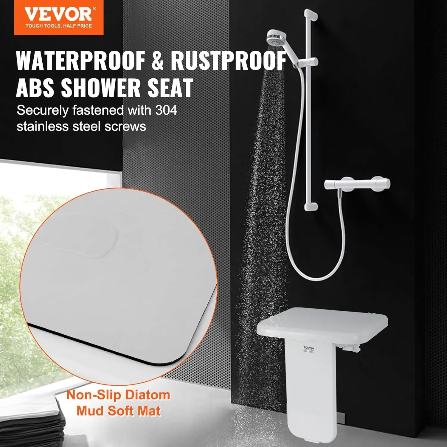 Folding ABS Shower Seat, 15.7'' x 16.7'' Unfolded, Wall Mounted Fold Up Shower Bench with 440 lbs Load Capacity,