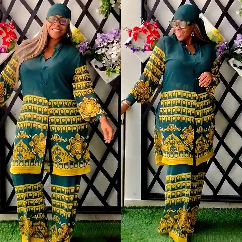 

2PCS African Clothes for Women Chiffon Print Button Sheer Blouse Shirt Tops Pants Set Dashiki Ankara Casual Africa Outfits Suit