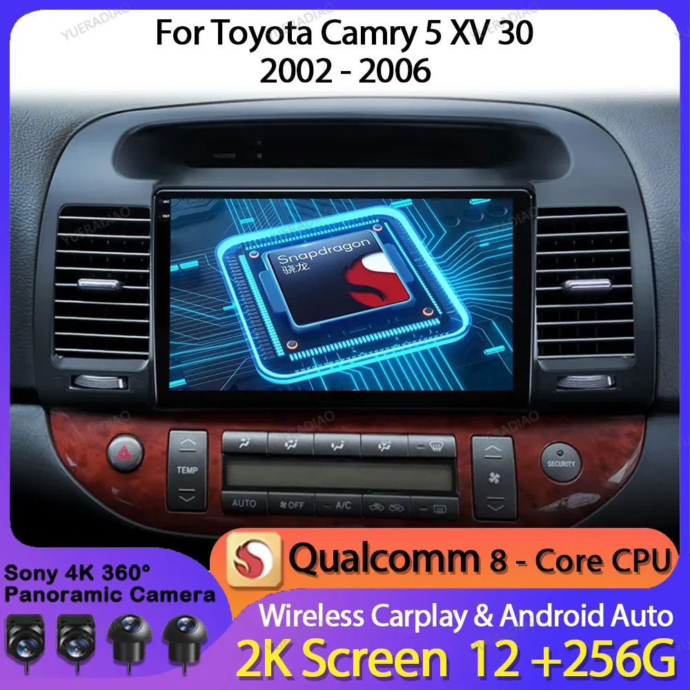 Android 14 Car Radio For Toyota Camry 5 XV 30 2002 - 2006 GPS NAVI 4G LTE 5G WIFI Head Unit Carplay Auto QLED 2DIN Qualcomm BT