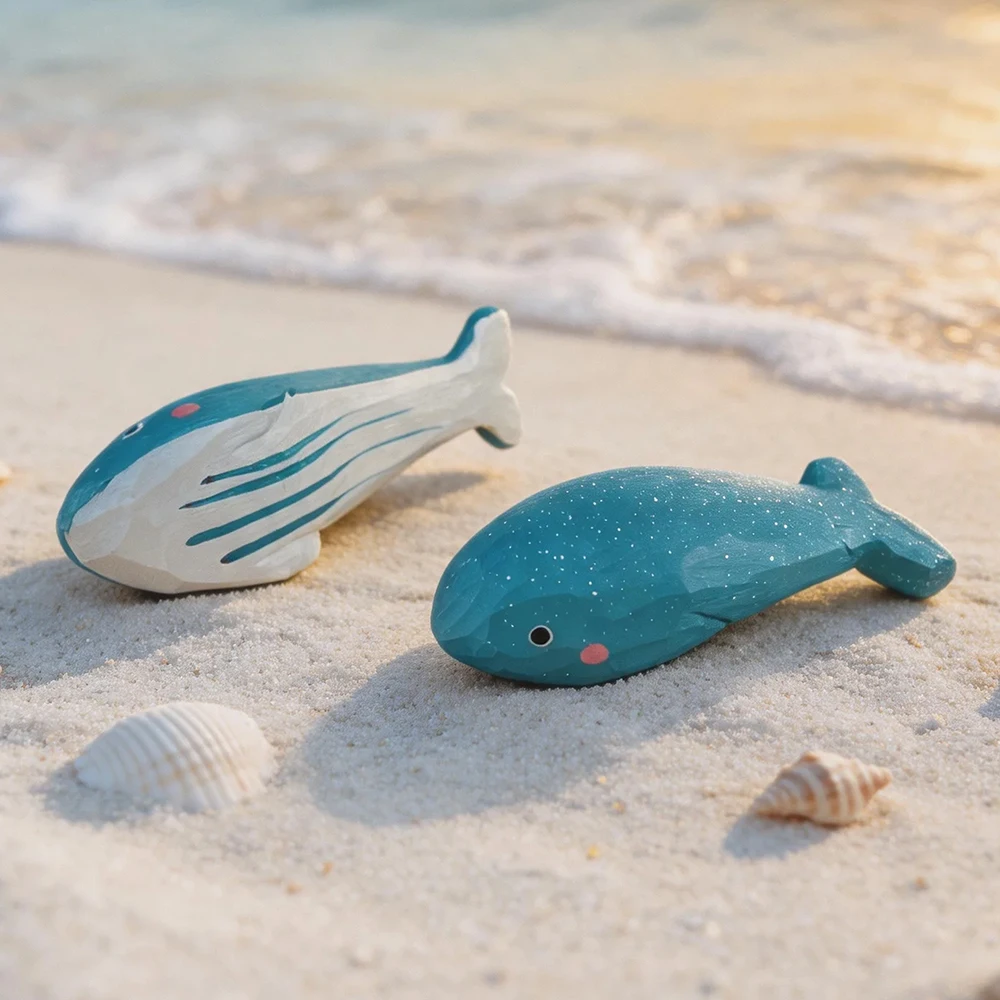 Hand Carved Wooden Whale Figurine Cute Blue Whale Statue Ocean Animal Sculpture Home Desk Decor Ornament Gift for Ocean Lovers