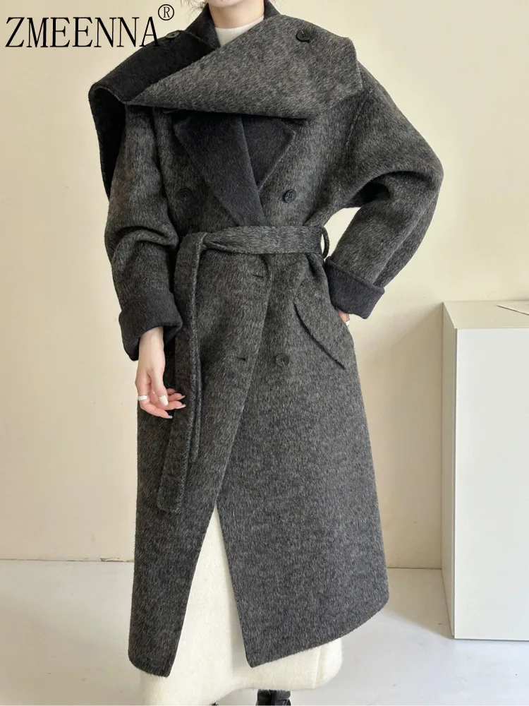 

ZMEENNA Women's Double-Breasted Wool Blend Coat With Detachable Shawl Collar And Belted Waist Warm Long Winter Outwear ZM3823