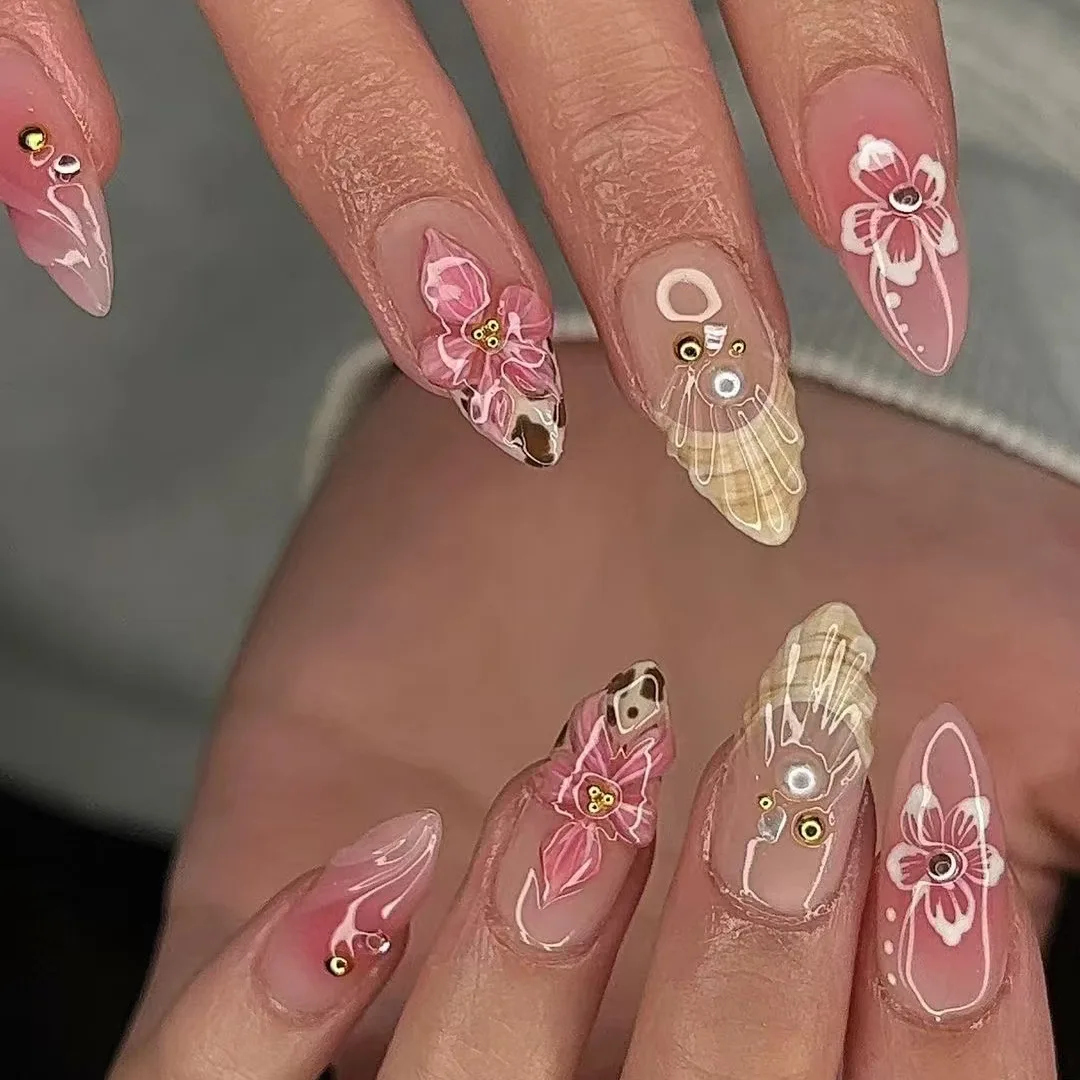 

24PCS Almond False Nail Set 3D Flower Shell Design French Fake Nails with Leopard Print Patterns Ins Style Fake Nails for Women
