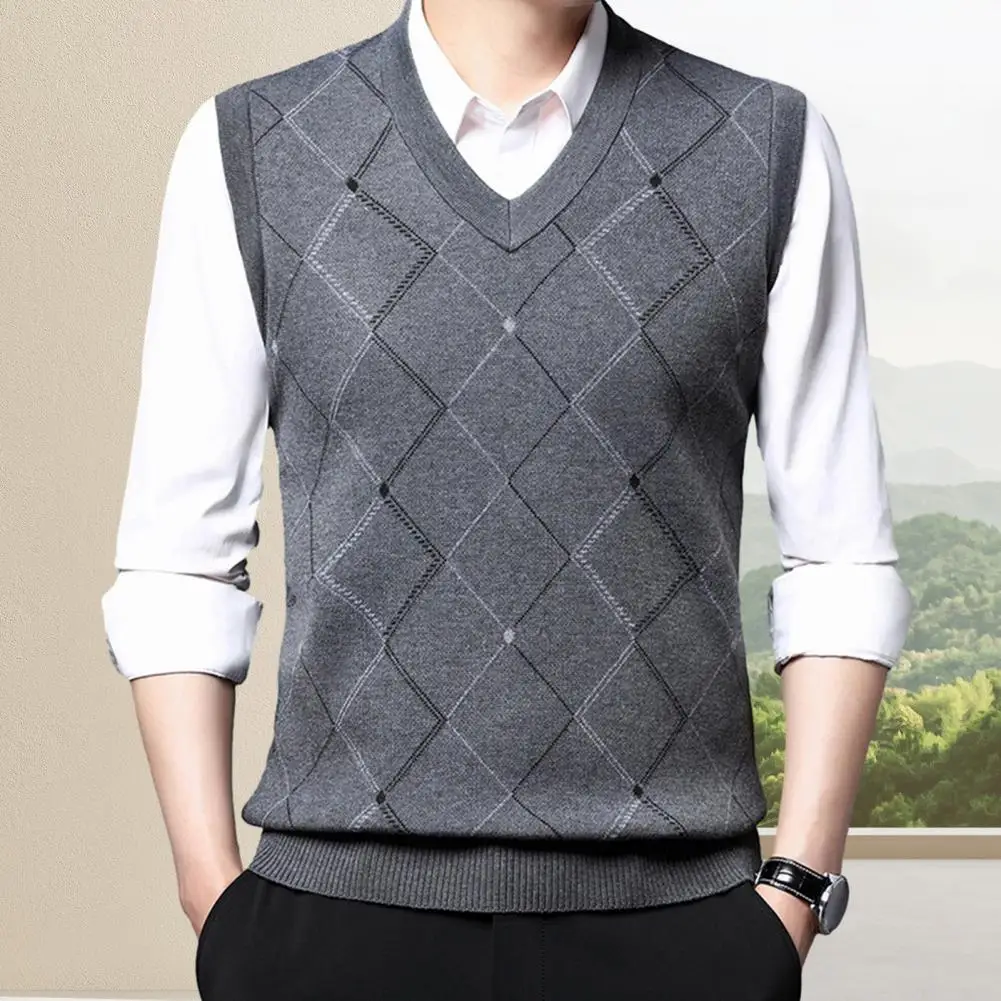 Men Knitted Vest Autumn Winter V Neck Geometric Rhombus Warm Men Vest Windproof Soft Casual Male Waistcoat Sleeveless Top