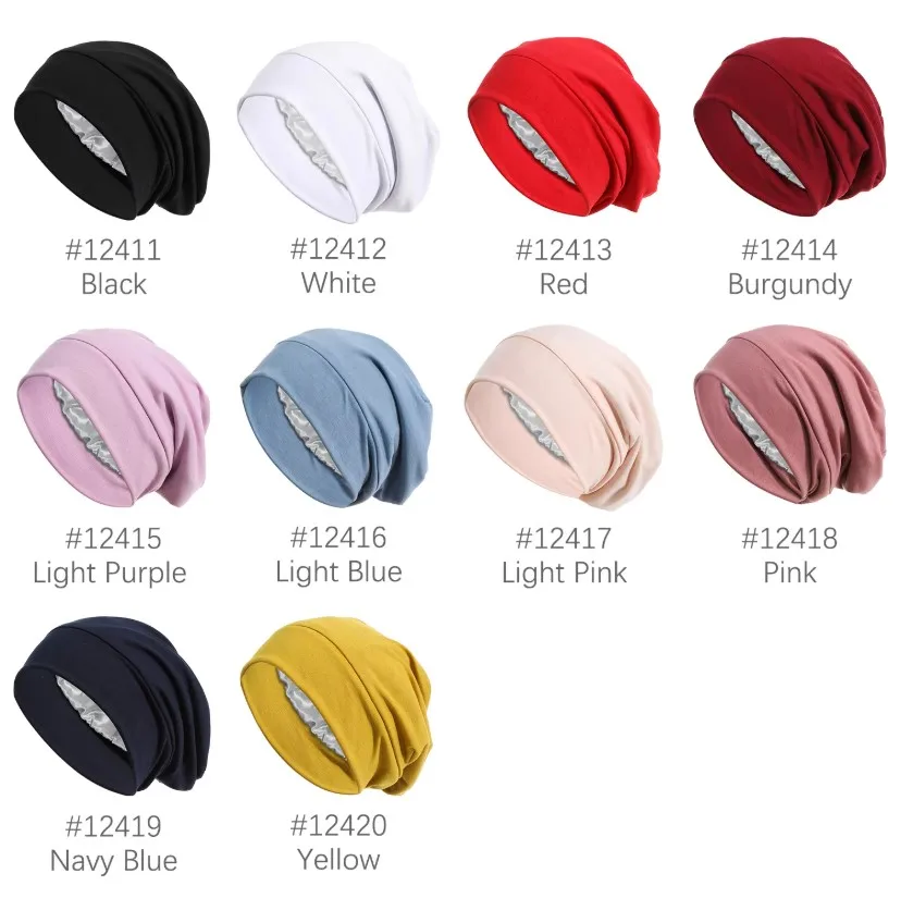 2Pcs Women Soft Satin Lining Muslim Turban Hat Sleep Cap Cancer Chemo Hat Beanie Headwrap Hair Loss Bonnet Arab India Caps