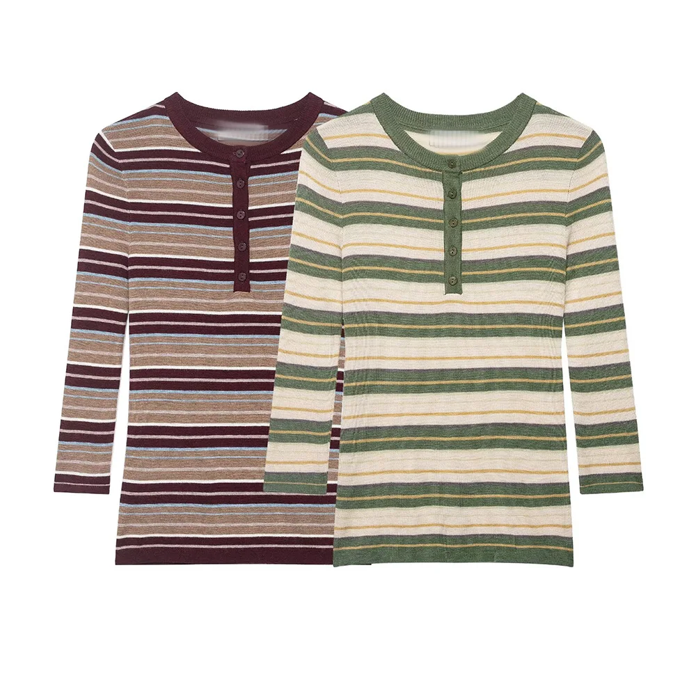 

WOMEN 2026 Summer New Fashion Striped Knitted Sweater Retro O Neck Long Sleeve All-match Casual Female Pullovers Chic Tops