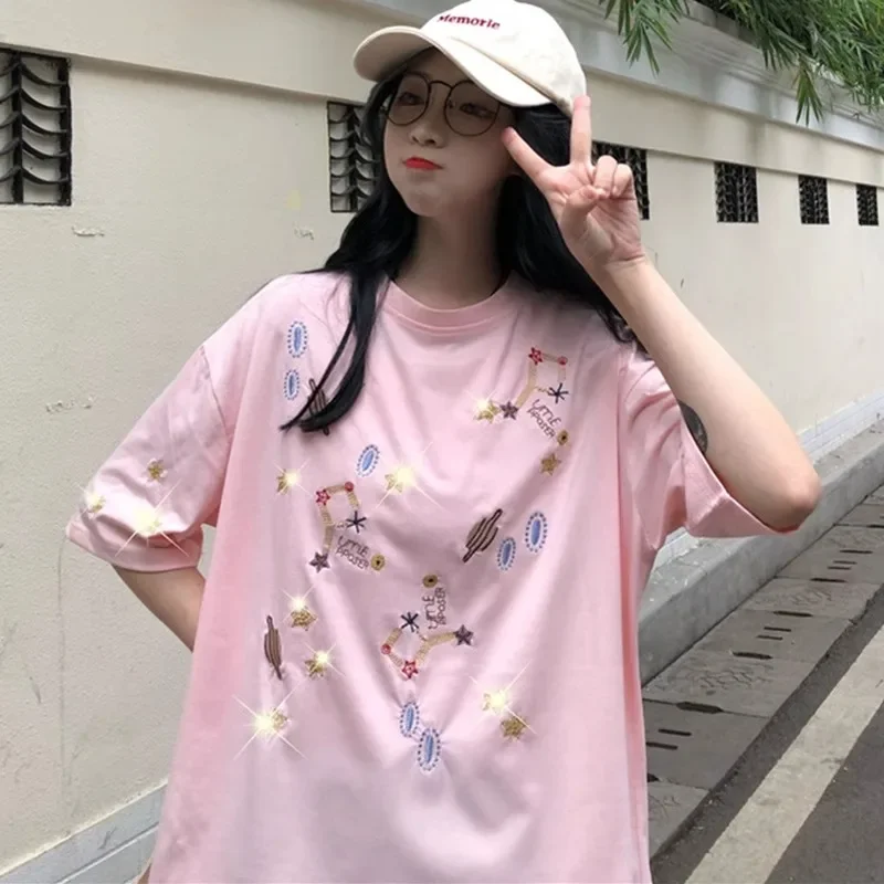 High Quality Embroidery Tees Women Loose Pure Cotton Kawaii T Shirts Summer Short Sleeve Loose White Y2K Tops Aesthetic Clothes