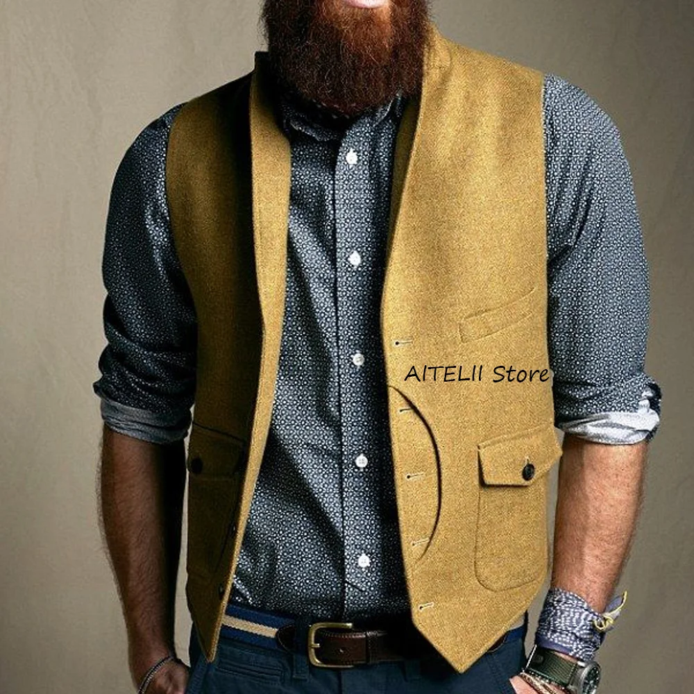 

Men's Classic Vest for Men's Suit Wool Fabric Single-breasted Elegant Man Vest Notched Lapel Casual Style With Buttoned Pockets