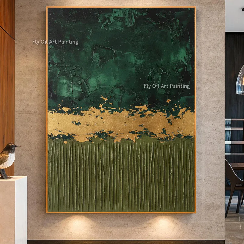 Beige And Black Simplism Design Oil Painting For Room Decor Hand Drawn Green Golden YellowCanvas Wall Art Items Original Artwork