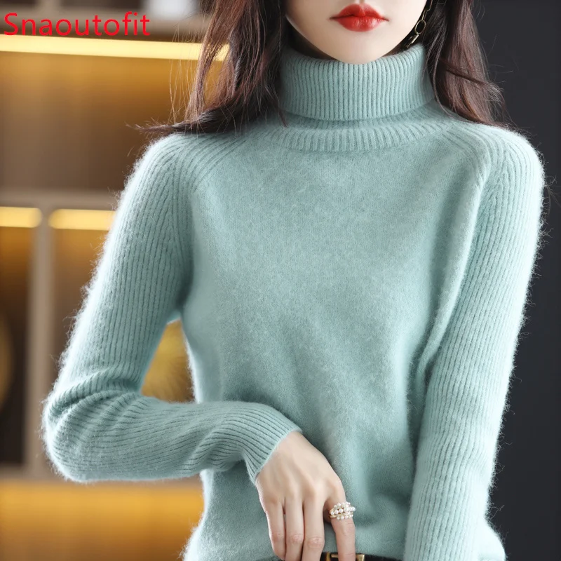 Autumn and Winter New 100% Mink Cashmere Sweater Women\'s High Lapel Slit Knitted Pullover Large Size Loose Basics Thick Warm Top