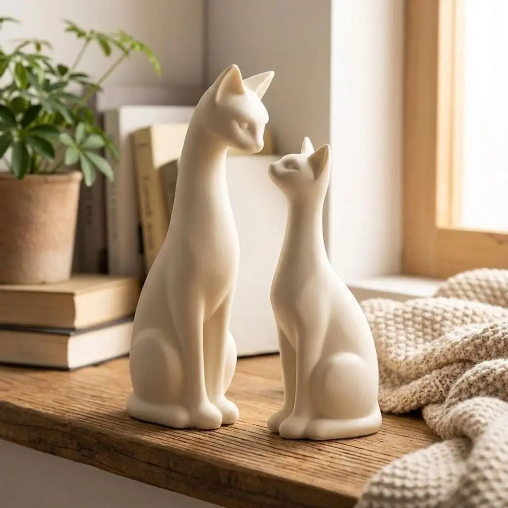 1 Pair 3D Printed Minimalist Cat Statue Aesthetic Minimalist Sweet Pair Cat Figurine Plastic Unique White Cat Ornament