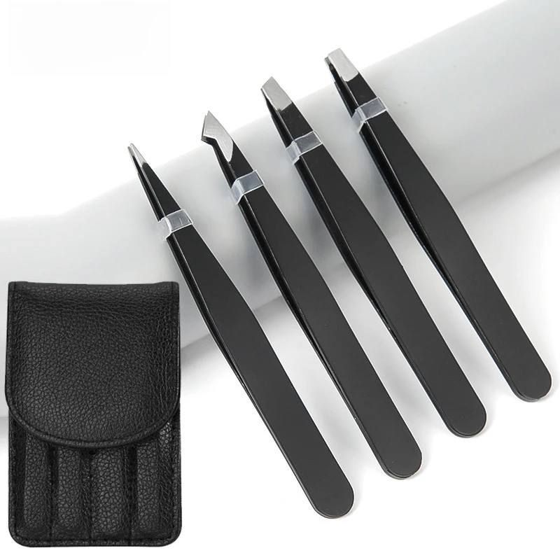 Black Stainless Steel Eyelash Tweezers Slanted Pointed  Front Mouth 96 Clip Makeup Tool Multi-purpose Eyebrow Tweezers Set