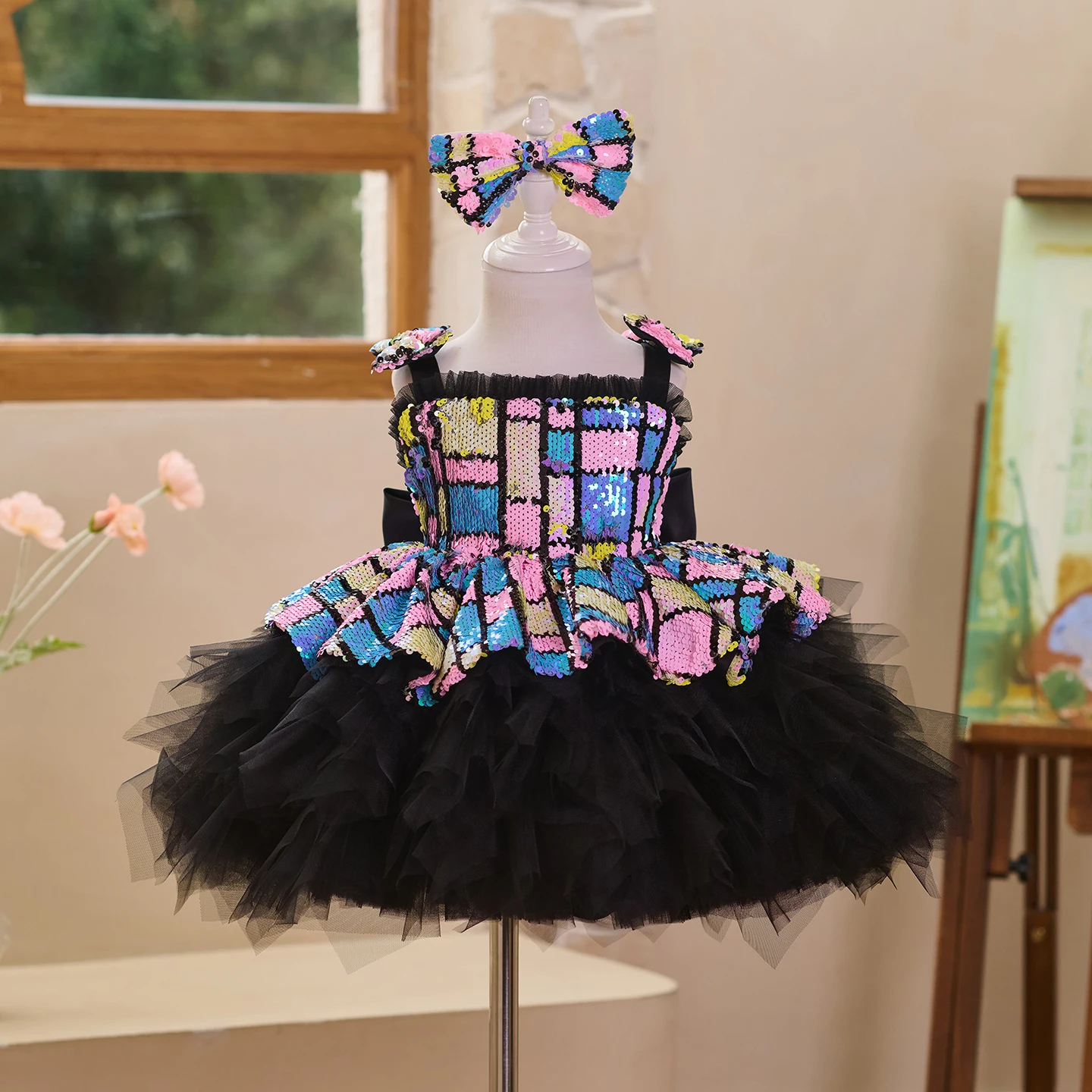 Girls Foreign Trade Princess Dress Halloween Ball Blue Color Black Fluffy Dress Children's Birthday Party Performance Dress