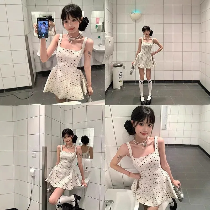 

French Sweet Spicy Girl Square Neck Polka Dot Dress Summer New Trendy Elegant Waist Cinching High-End Fashion Sleeveless Style