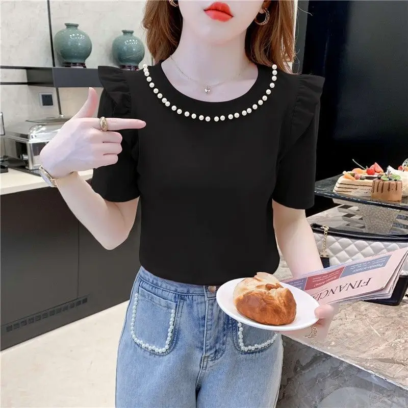 الحلو لوتس ليف قصيرة الأكمام تي شيرت للصيف أزياء مسمار حبة جولة الرقبة سليم صالح تنوعا قميص النمط الغربي