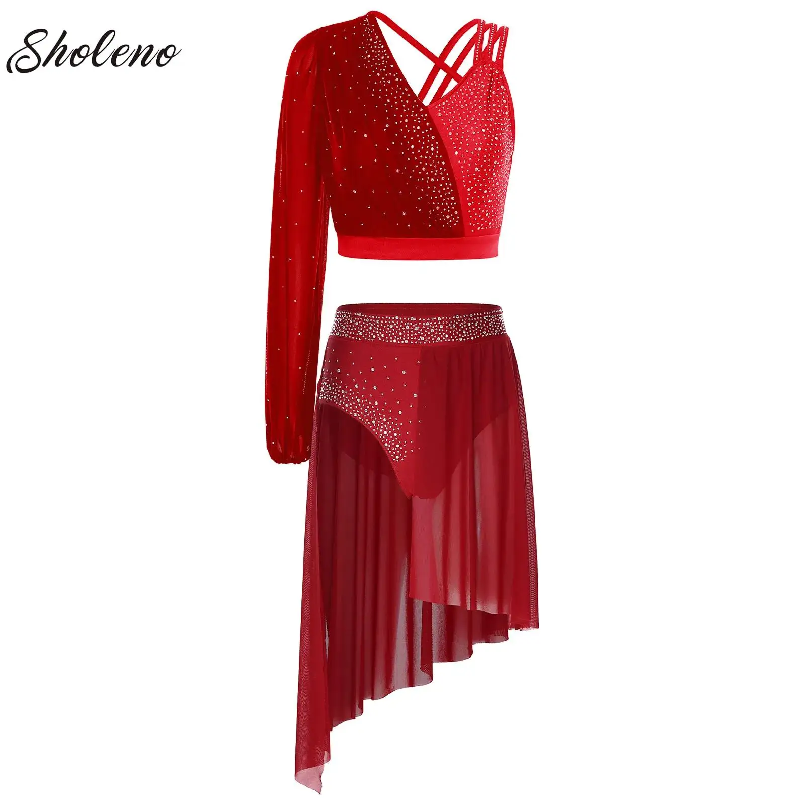 

Womens Lyrical Ballet Dance Outfit Rhinestone Gymnastics Artistic Figure Skating Costume Long Sleeve Top with Skirts Dancewear