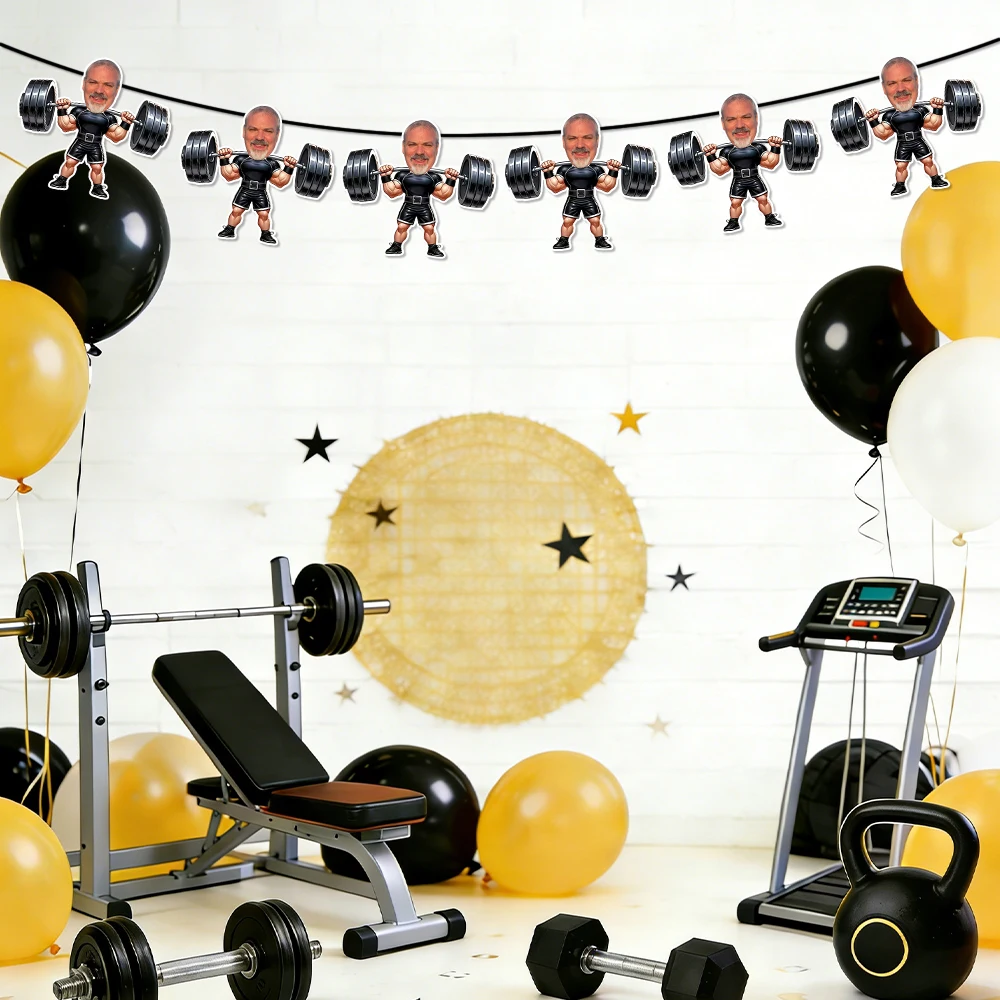 6/12pcs Custom Weightlifter theme Paper Banner Personalized Face Photo Bunting Banner for Gym Bodybuilder Birthday Party Gifts