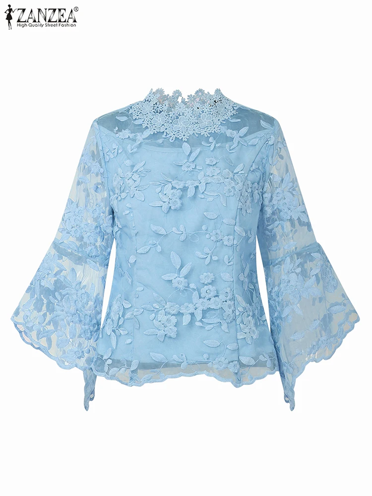 ZANZEA 2025 Elegant Women Blouse Summer 3/4 Flare Sleeve Tunic Tops Fashion Lace Shirts Mesh Patchwork Casual See-through Blusas