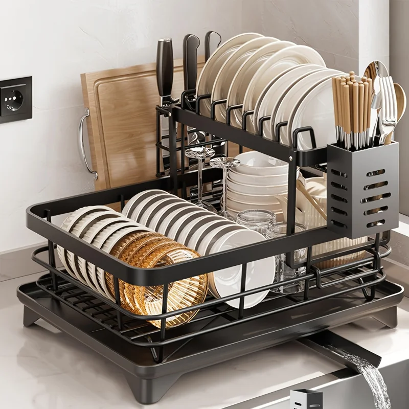 2Tier Kitchen Dish Rack Large Capacity Storage Organizer with Drainboard Utensil Holder Cup Hooks Foldable for Space Saving