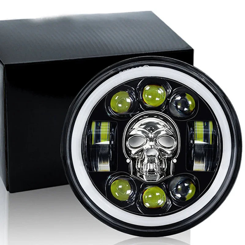 5.75 Inch Round LED Skull Headlight Far Near Light DRL With Turn Signal Angel Eyes Shape Motorcycle Headlamps For Jeep Wrangler