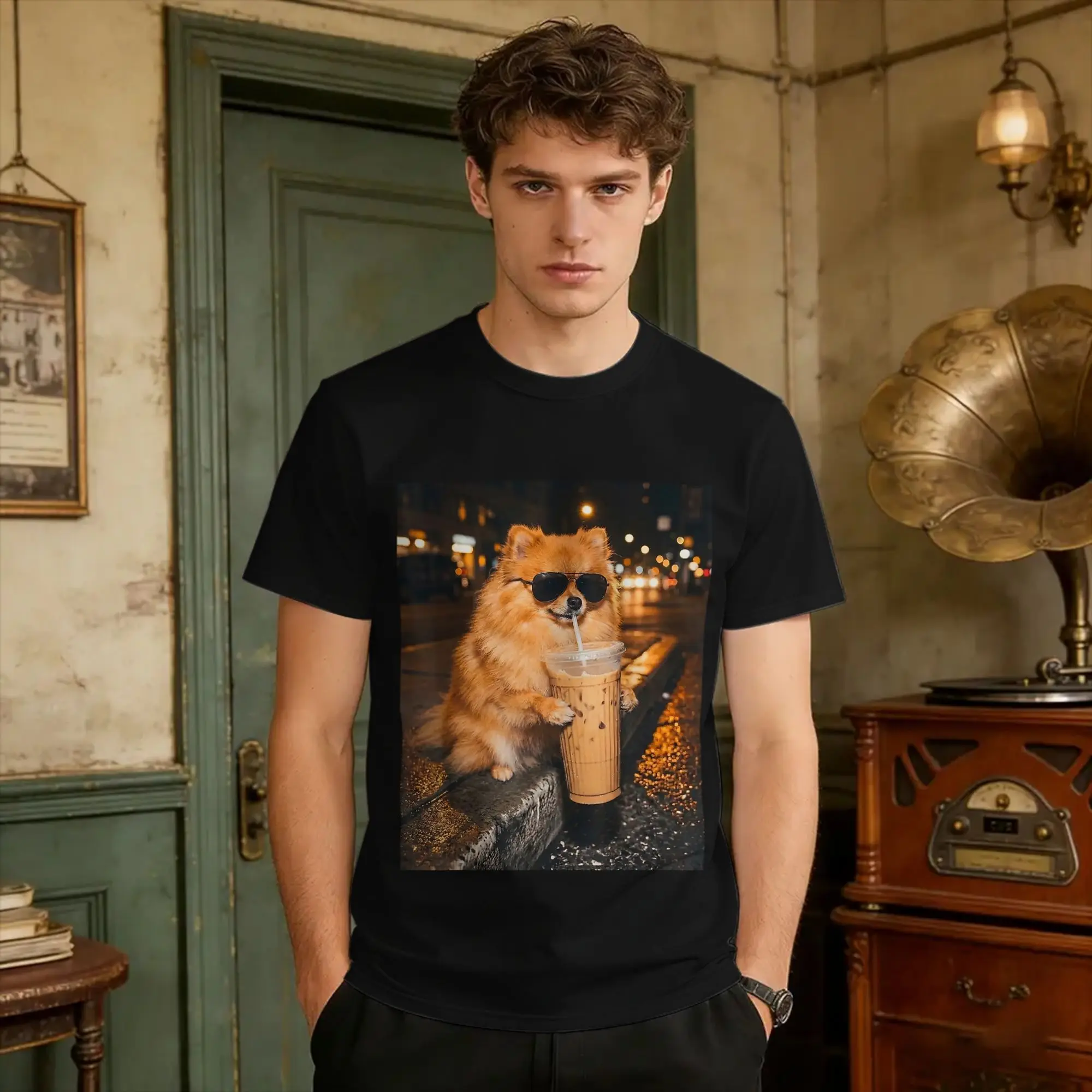 Camiseta divertida con diseño de perro Pomeranian bebiendo café helado, camiseta de algodón Bgwrmcj para hombre, camisetas clásicas de playa
