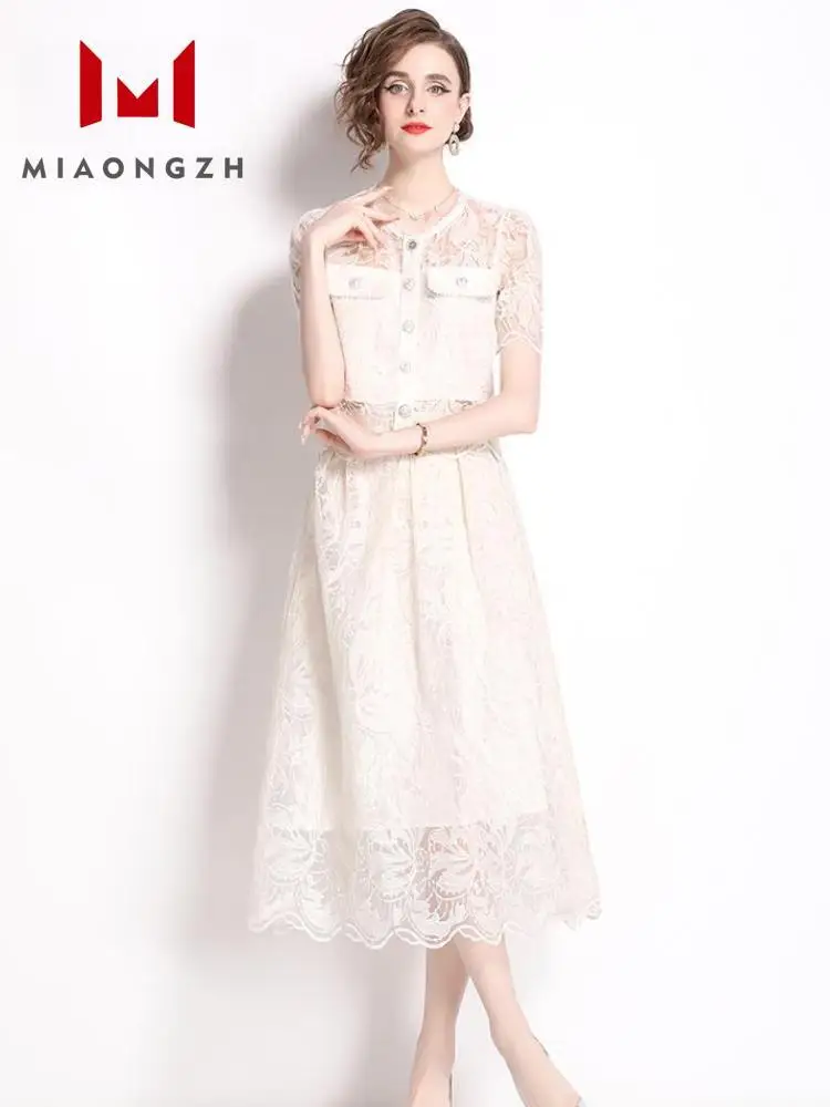 2024 Summer Two Piece Set O Neck Short Sleeve Single Breasted Tops High Waist Casual Lace Women's Skirt Set New Female Clothing