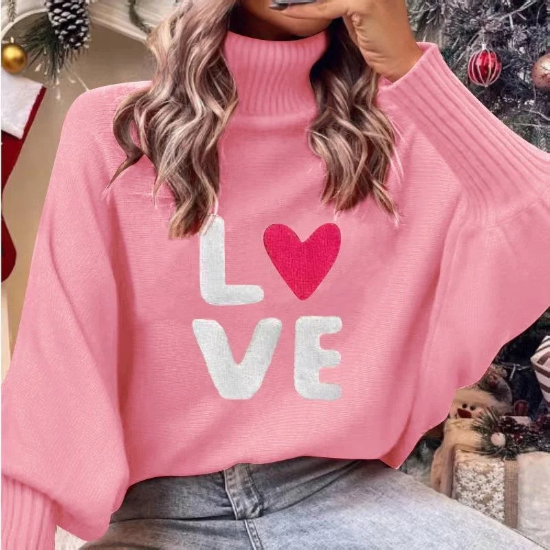 

Vntine's Day Love Red High Collar Loose Knitted Sweater Batwing Sve Overhead Top Women's Faion Spring Long Sve