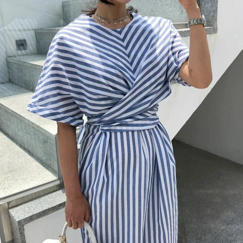 2023 Sprig and Summer New Fashion Striped Cross Bandage Dress Cotton Blue Split Bodycon Plus Size New Robe Vestidos Femme Dress