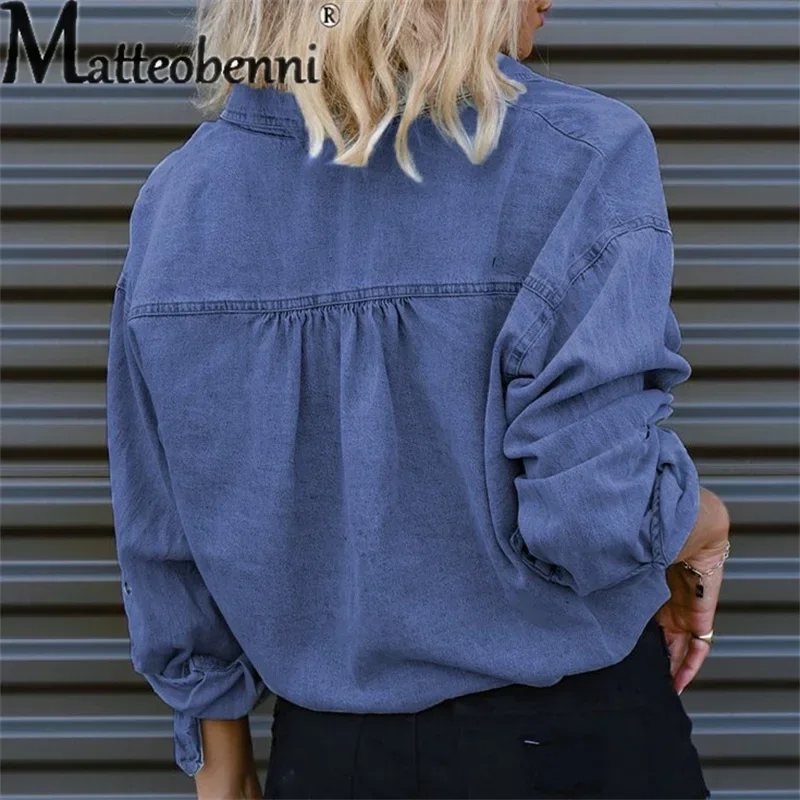 Spring Autumn Casual Thin Section Cardigan Denim Shirt Women\'s Versatile Basic Loose Blouse Female Splicing Pocket Lace-up Tops