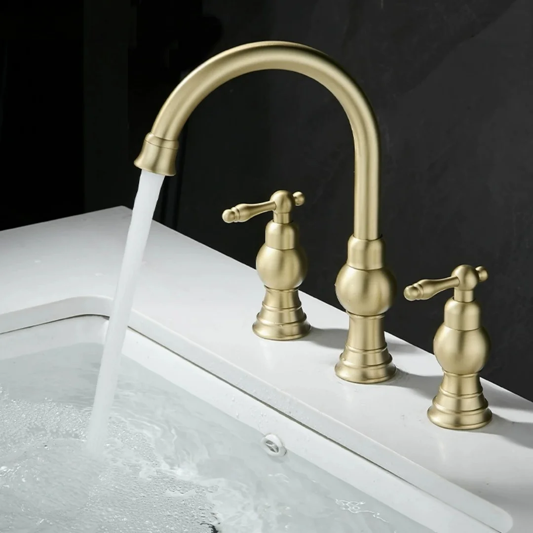 Brushed Gold Bathroom Faucet Brass Antique Widespread Basin Faucet Grey Sink Faucets 3 Hole Hot And Cold Water Faucet Tap